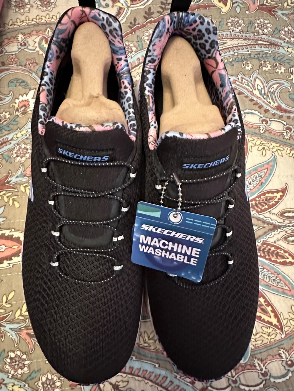 Skechers Black Knit Slip-On Athletic Shoes with Pink and Blue Lining